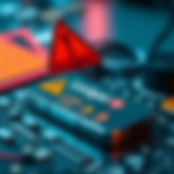 A Ledger security device with warning signs and alert symbols to indicate potential scams.