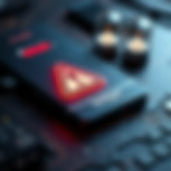A close-up view of a Ledger hardware wallet with a warning symbol indicating a security issue