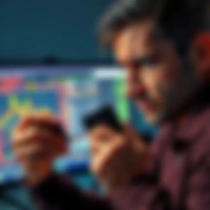 A worried individual examines a Ledger wallet while looking at a computer screen showing cryptocurrency data