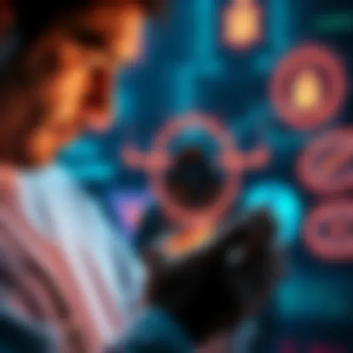 A person examining a Ledger wallet with security symbols around, focusing on crypto transaction permissions.