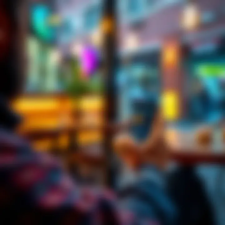 A person using a Ledger wallet on a smartphone to manage cryptocurrency assets securely while sitting at a cafe