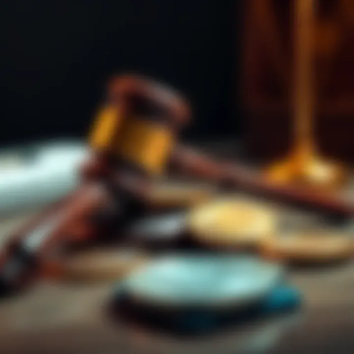 A gavel and cryptocurrency coins symbolizing the intersection of law and digital assets.