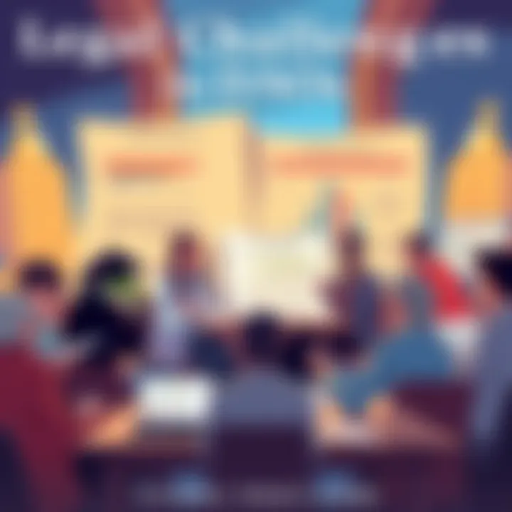 Legal Challenges in DAOs An illustration showing a group of diverse people discussing legal documents and governance charts related to DAOs, representing the complexities of decentralized organizations