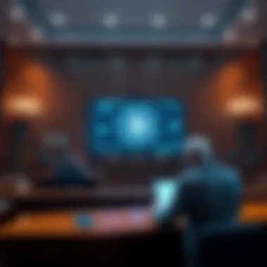 A courtroom scene with a judge, lawyer, and blockchain technology displayed on a screen.
