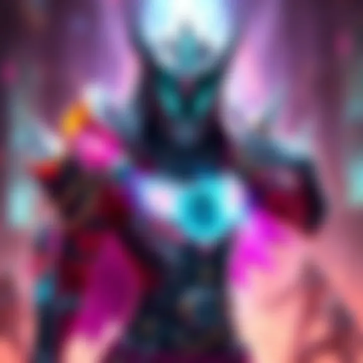 Art showing a character with themed legendary upgrades related to monthly missions, enhancing their abilities in a vibrant game world.
