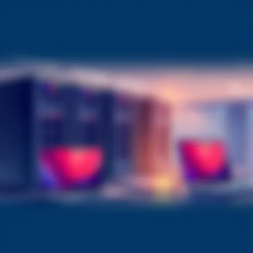 A digital illustration showcasing Legionbox's dedicated and VPS hosting solutions with laptops and servers in the background