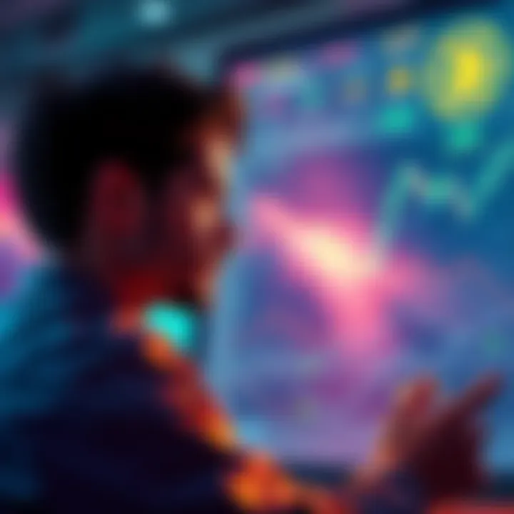 A person reflecting on their Loopring crypto investment with charts and graphs in front of them, symbolizing the emotional journey and investment strategy.