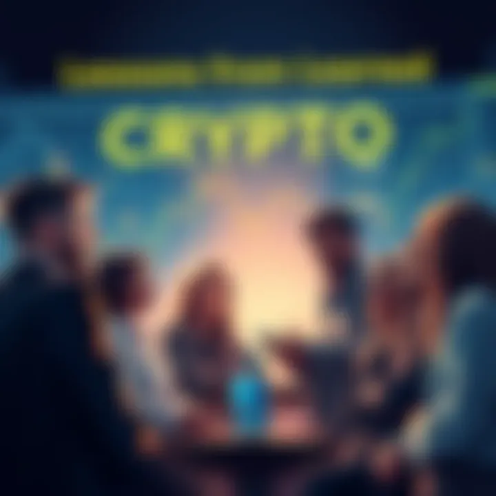 A group of diverse people discussing their lessons learned from the crypto market, with charts and graphs in the background.