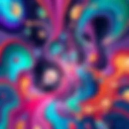Illustration of a vibrant, abstract representation of another dimension with colorful shapes and swirling patterns
