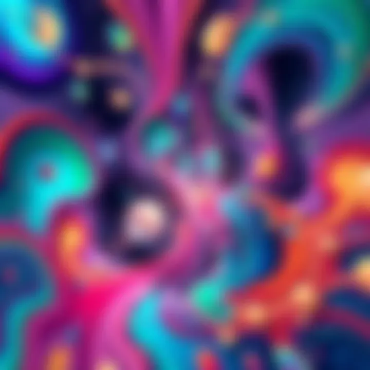 Illustration of a vibrant, abstract representation of another dimension with colorful shapes and swirling patterns