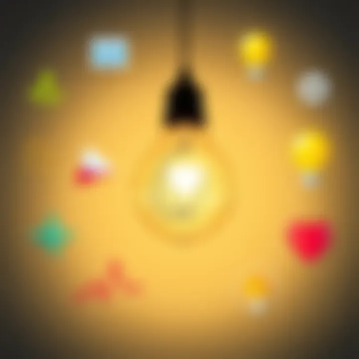Light bulb with simple ideas A glowing light bulb surrounded by various simple icons representing innovative concepts like a plant, a gear, and a heart, symbolizing positive change.