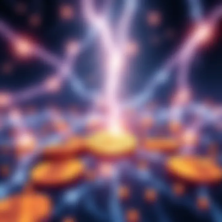 Illustration of the Lightning Network securing Bitcoin transactions, showcasing channels and endpoints preventing double spending.