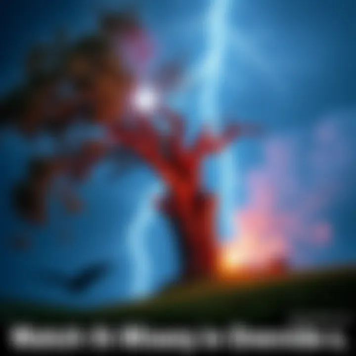 Lightning strike causing damage A tree being struck by lightning, splintering and smoking in a dramatic scene, illustrating the power of nature.