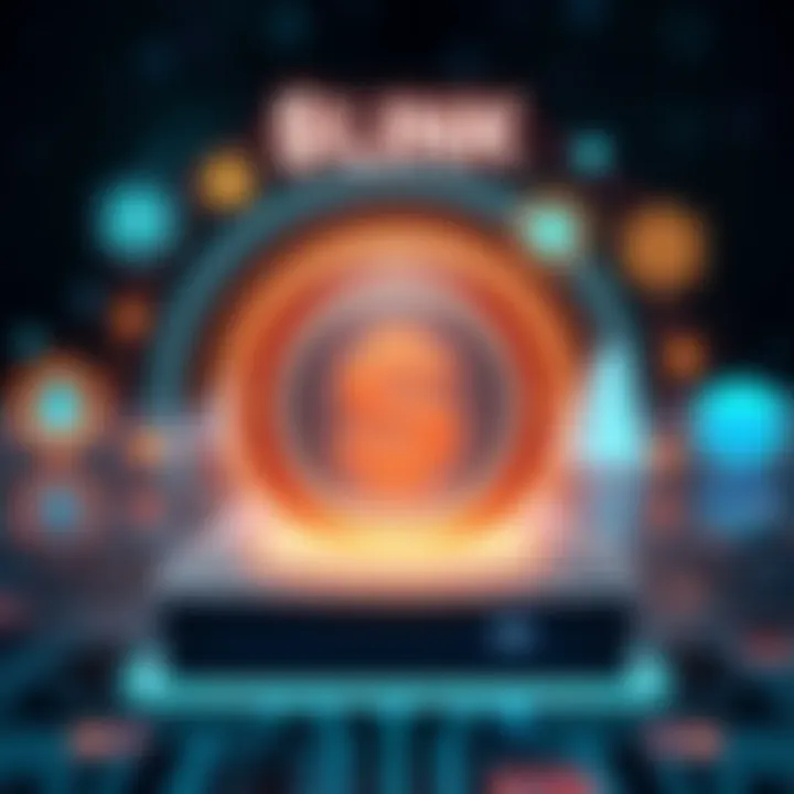 The $LINK token represented as a modern, digital symbol surrounded by icons of infrastructure and blockchain, symbolizing its influence in the crypto world.