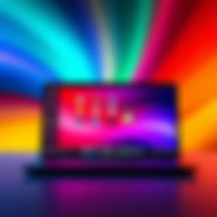 A laptop screen displaying various Linux desktop applications with a colorful background.