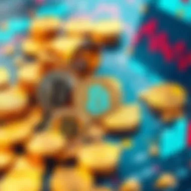 An illustration showing a mix of digital coins and graphs representing liquid staking and market volatility