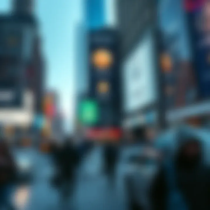 A bright and eye-catching Litecoin advertisement displayed in a busy New York City street, attracting the attention of pedestrians.