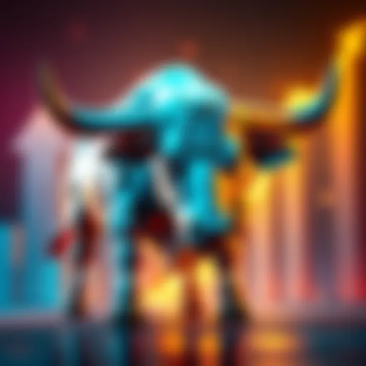 A bull symbolizing the rising trend of Litecoin in the cryptocurrency market with upward arrows in the background.
