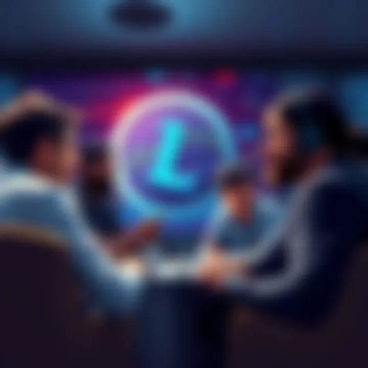 A group of people discussing Litecoin's future and market trends in a casual setting, with charts and graphics in the background.