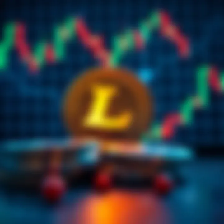 A graphic representation of Litecoin coins alongside a stock market chart symbolizing investment trends