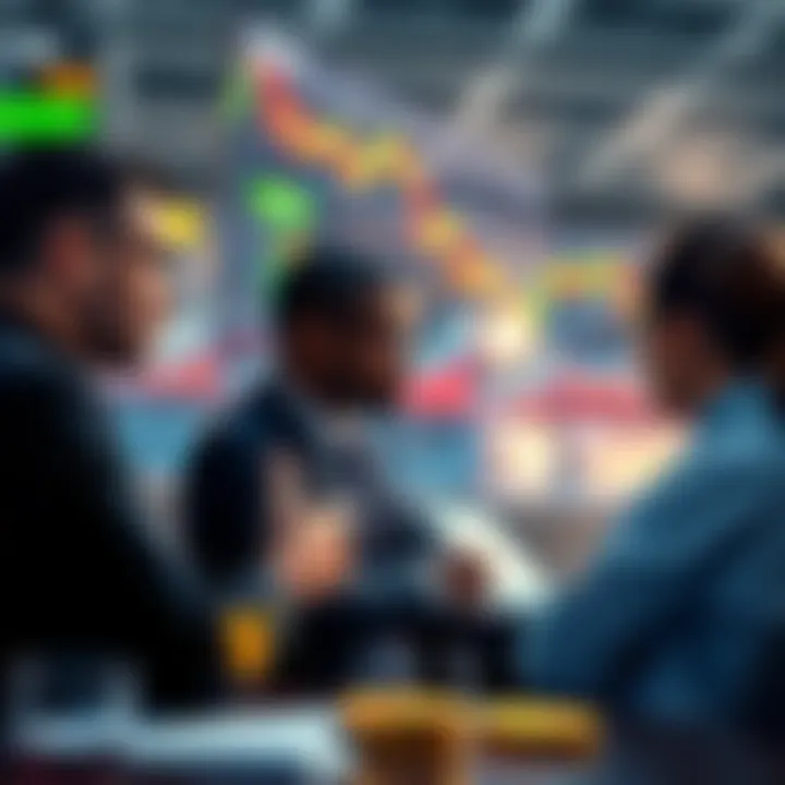 People discussing trading strategies for Litecoin markets with charts and graphs in the background