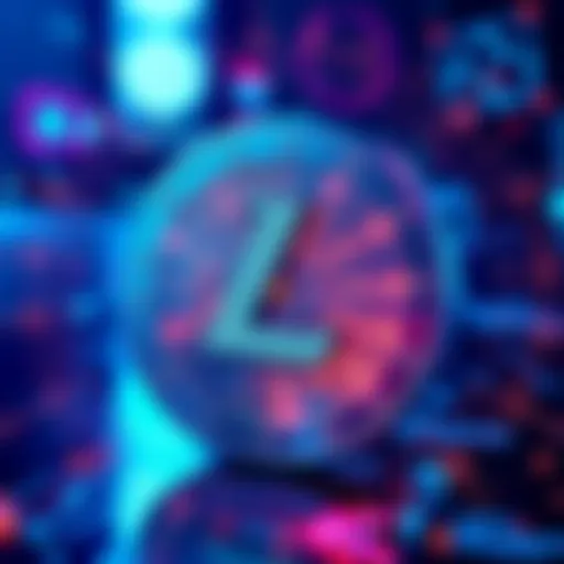 A digital representation of the Litecoin symbol integrated with smart contract icons and elements of DeFi, depicting innovation in cryptocurrency.