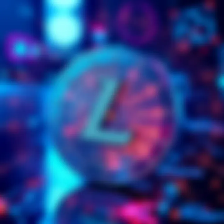 A digital representation of the Litecoin symbol integrated with smart contract icons and elements of DeFi, depicting innovation in cryptocurrency.