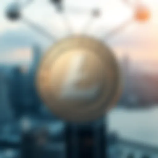 Litecoin logo with a backdrop of city skyline A prominent Litecoin logo set against a blurry city skyline, symbolizing growth and resilience in cryptocurrency amid societal fears.
