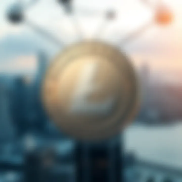 Litecoin logo with a backdrop of city skyline A prominent Litecoin logo set against a blurry city skyline, symbolizing growth and resilience in cryptocurrency amid societal fears.