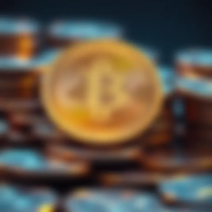 A close-up view of a collection of 50 litecoin coins stacked together, representing digital investment.