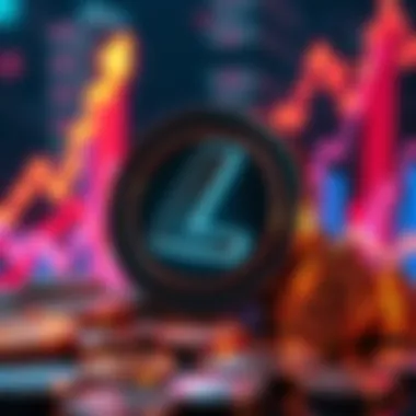 A visual representation of Litecoin symbol with rising graphs and coins, showing its popularity in the crypto market.