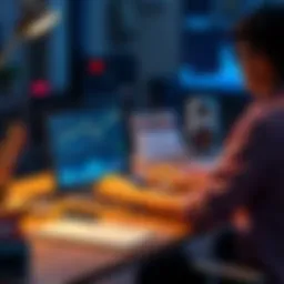 A person sitting at a desk with a laptop open, analyzing financial charts related to Litecoin investment