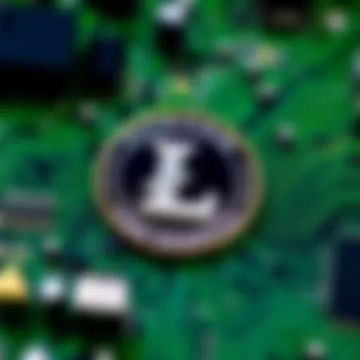Litecoin Symbol on a Circuit Board A close-up of the Litecoin symbol set against a green circuit board background, symbolizing its role in the cryptocurrency market.