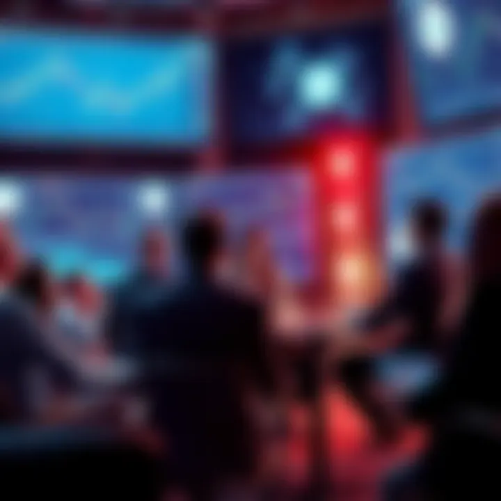 A group of people engaged in conversation about Litecoin trading strategies and market analysis, with charts and graphs displayed on screens.