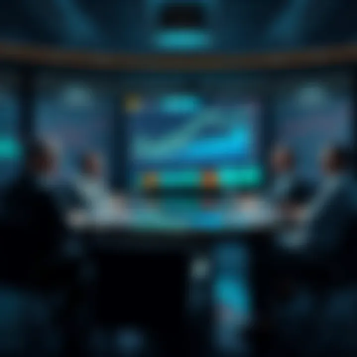 A group of experts discussing the potential value of Litecoin at a round table with charts and graphs on the screen.