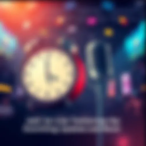 An illustration showing a clock with a countdown and a microphone symbol, indicating a live event announcement.