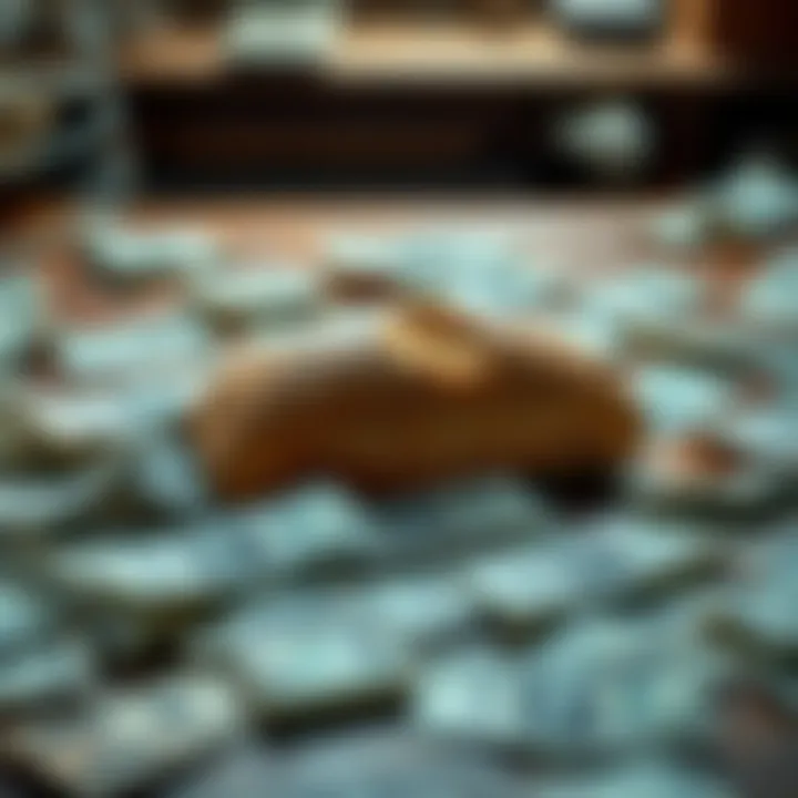 A loaf of bread placed on a table surrounded by scattered dollar bills, symbolizing the economic impact on bread prices during tough times.