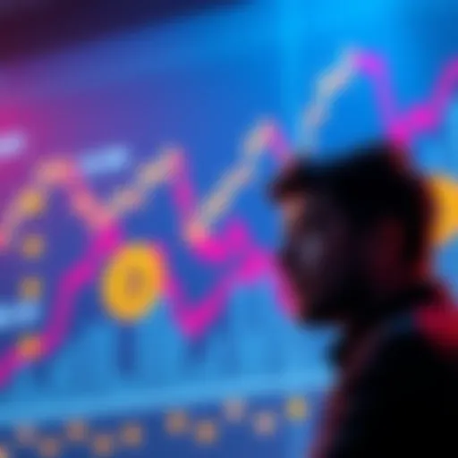 A person considering a loan with Bitcoin graphics and declining market trend in the background.