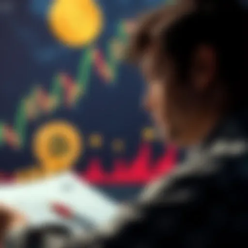 A person contemplating a loan application with Bitcoin symbols and charts in the background.