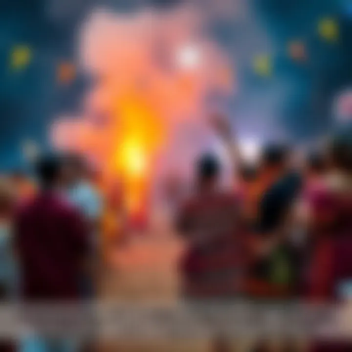 A vibrant community event showcasing traditional dances and crafts inspired by Iliasjak and Vigdisjak, with people engaging in lively interactions.