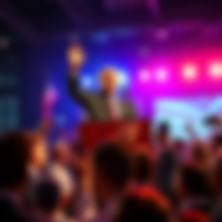 Newly elected mayor stands proudly at a podium with supporters, celebrating their victory in a hometown election.