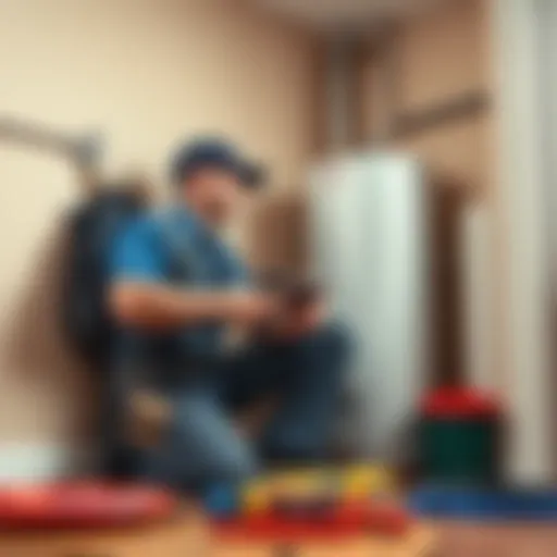 A plumber in uniform working on a hot water heater in a home setting, surrounded by tools and equipment.