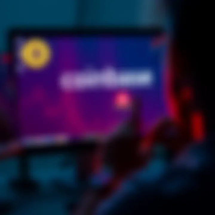 A frustrated person looking at their computer screen displaying the Coinbase logo, showing an error message and a Bitcoin symbol.