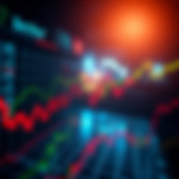 A stock market chart showing ups and downs with green and red lines to indicate market fluctuations, symbolizing long-term investing strategies.
