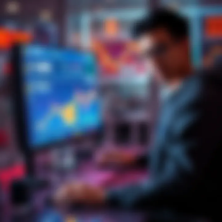 A person analyzing $LOOBY trends on a computer with charts and graphs in the background