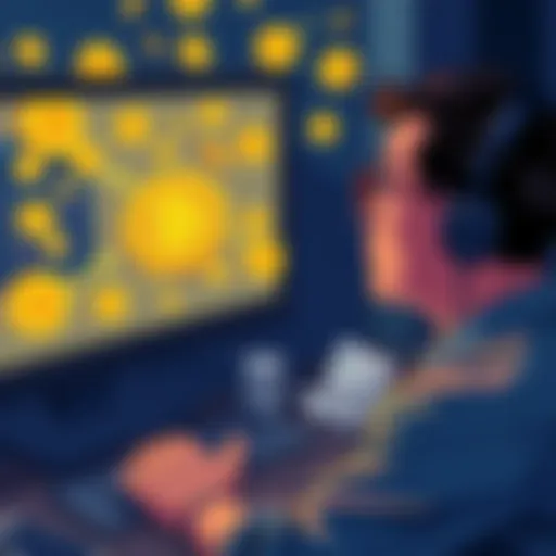 A person looking frustrated at a computer screen with Bitcoin symbols and tax documents scattered around