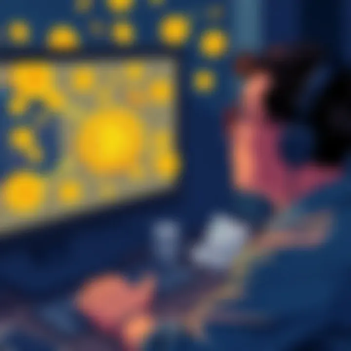 A person looking frustrated at a computer screen with Bitcoin symbols and tax documents scattered around