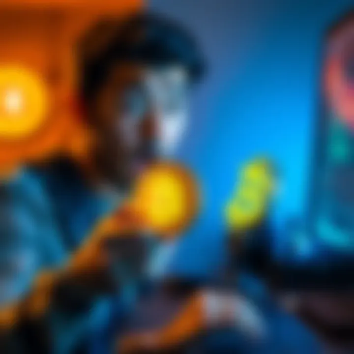 Person holding a Bitcoin symbol with a surprised expression while looking at a computer
