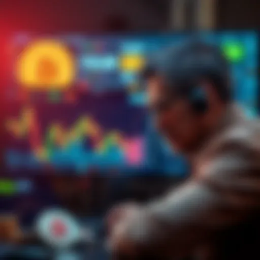 A distressed investor looking at a computer screen showing declining Bitcoin prices with a graph in the background.