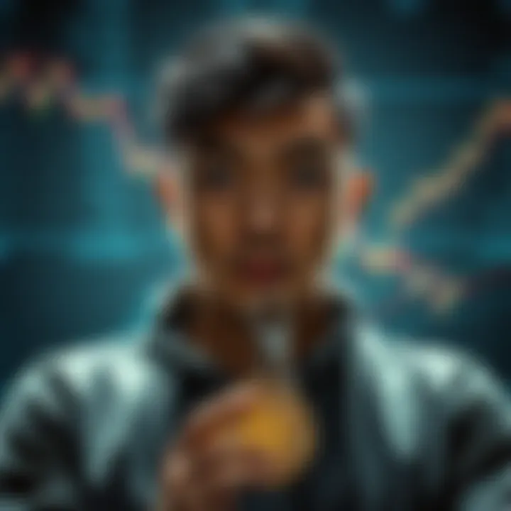 A person looking worried while holding a Bitcoin symbol and keys, symbolizing lost access to cryptocurrency, with a digital background of numbers and charts.